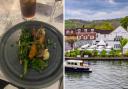 Lamb dish on the left with the view of The Compleat Angler