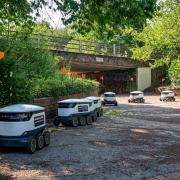 The robots, developed by technology company Starship, are part of a fleet of 100 autonomous delivery vehicles used to deliver groceries and takeaway food to residents of Milton Keynes (SWNS)