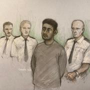 Court artist drawing by Elizabeth Cook of Habibur Masum appearing in the dock at Bradford Magistrates' Court, West Yorkshire, charged with the murder of Kulsuma Akter, who was stabbed to death as she pushed her baby in a pram in a city centre on
