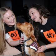Organisers of the event Sophia Neville and Lauren Troiano meet Mia, a working Cocker Spaniel.