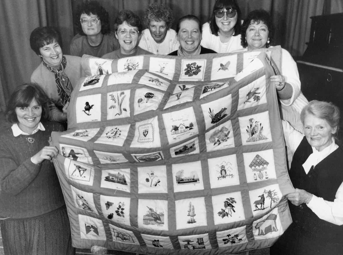 Group present 
quilt for National Patchwork 
competition. From left, Angela Harrison, Jane King, Hazel 
Hemmings, Judith Spurling, Pat Boothby, Jenn Barr, Mandy Long, Rita Rolt and Sylvia 
Stevens.