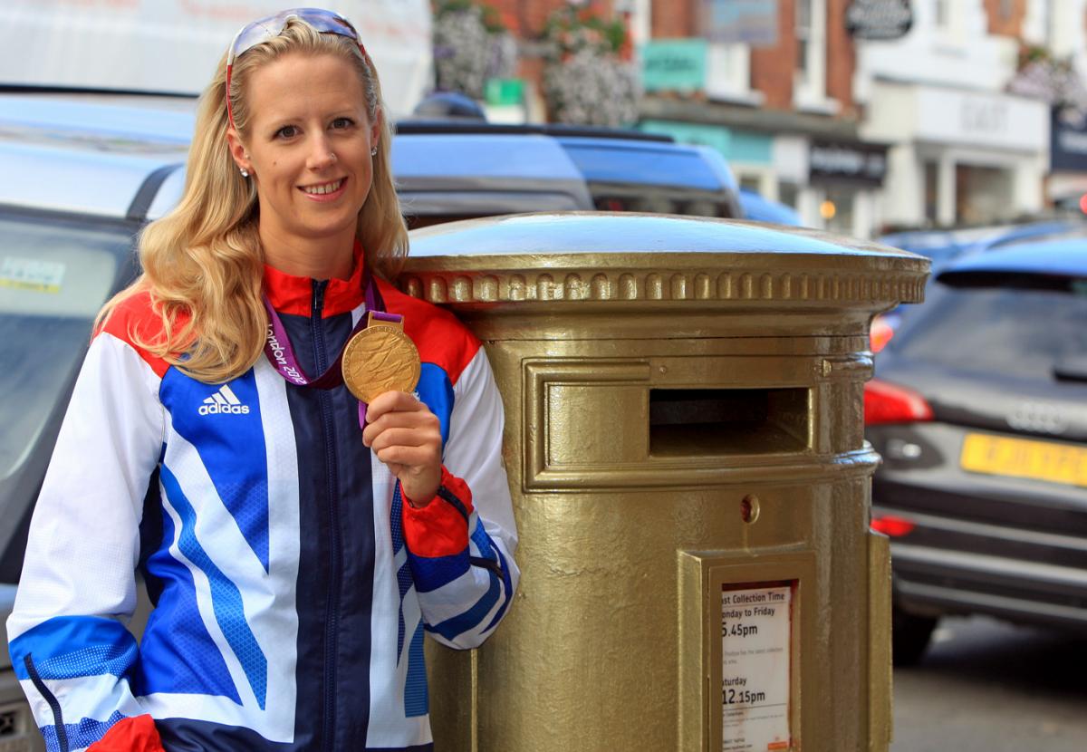 3 - Gold post box Marlow High Street, with gold medalist Naomi Riches