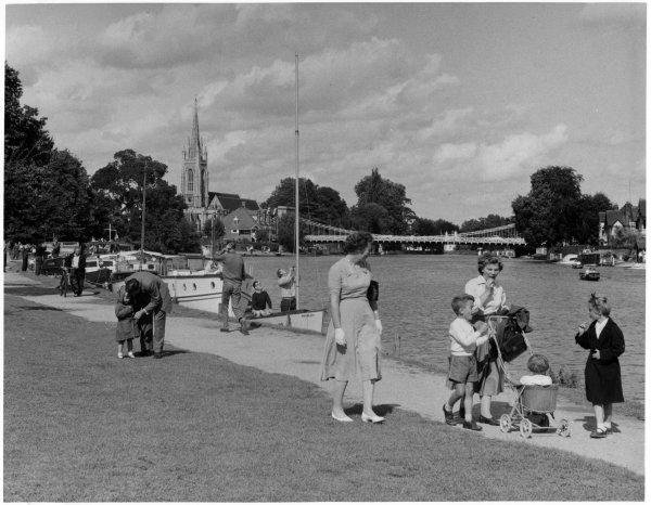 Family walking along the Thames towpath, near Marlow Bridge, Marlow. August 1958.