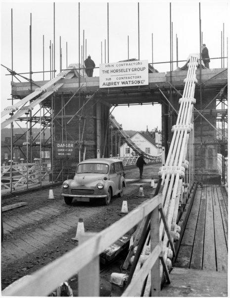 Looking south, a view of works being undertaken to strengthen the bridge over the Thames. The Causeway, Marlow. February 1965
