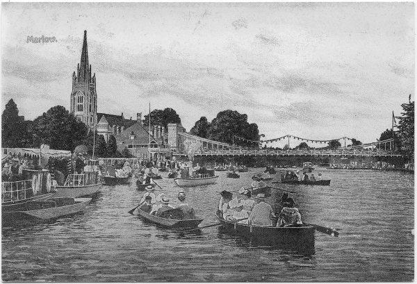 Looking E, a postcard view showing boats on the Thames during the Regatta period. Marlow. 1906.