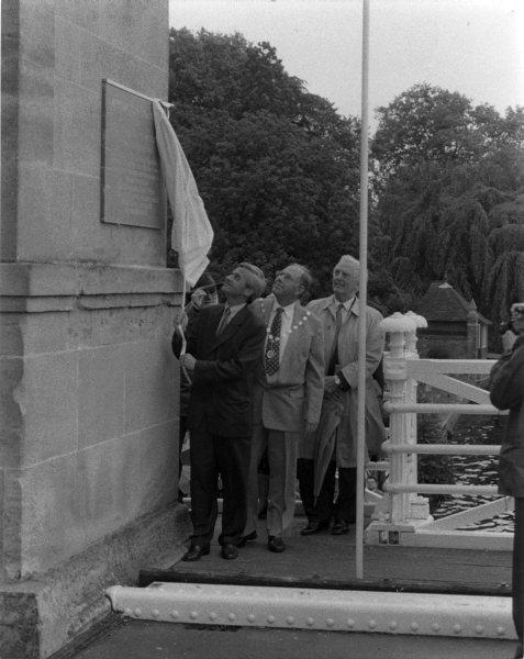 View of the ceremony to unveil a plaque to Wm Tierney Clark, bridge designer, by Tad Anfoldy (Hungarian Ambassador). Marlow Bridge, Marlow. Sept 1996.