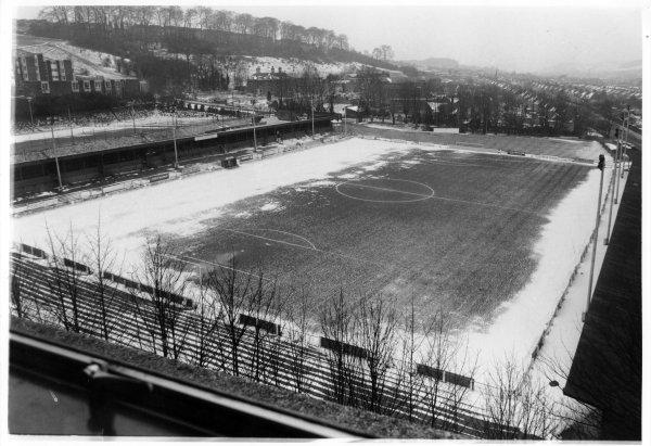View of a snowy Loakes Park, the ground of Wycombe Wanderers FC, and the town and countryside beyond. Loakes Road, High Wycombe. January 1987