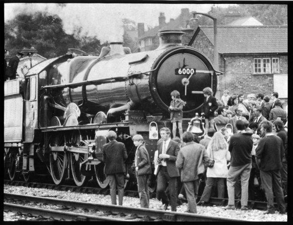 Crowds surround steam locomotive near the up platform of High Wycombe Station, High Wycombe. Oct 1971