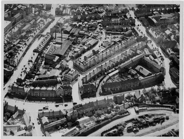 Aerial view taken over Bellfield looking south to Oxford Rd, Bridge St, and Suffield Rd, High Wycombe. 1934