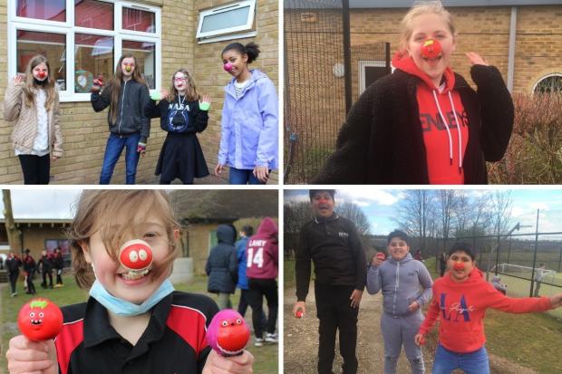 Bucks Free Press: Highcrest students on Red Nose Day. Top left: Isla O'Rourke, Lilly Ip, 11, Willow Saunders, 12, and Anya Mudimbi-Hanson, 11; Top right: Lily Laker, 12; Bottom right: Aaban Adeel, Ibrahim Amjad and Sibghat Ullah, all 11; Bottom left: Samuel Evans, 11