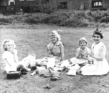 BFP68214 Four young girls share a picnic on Kingsmead in Wycombe Marsh, spring 1860.