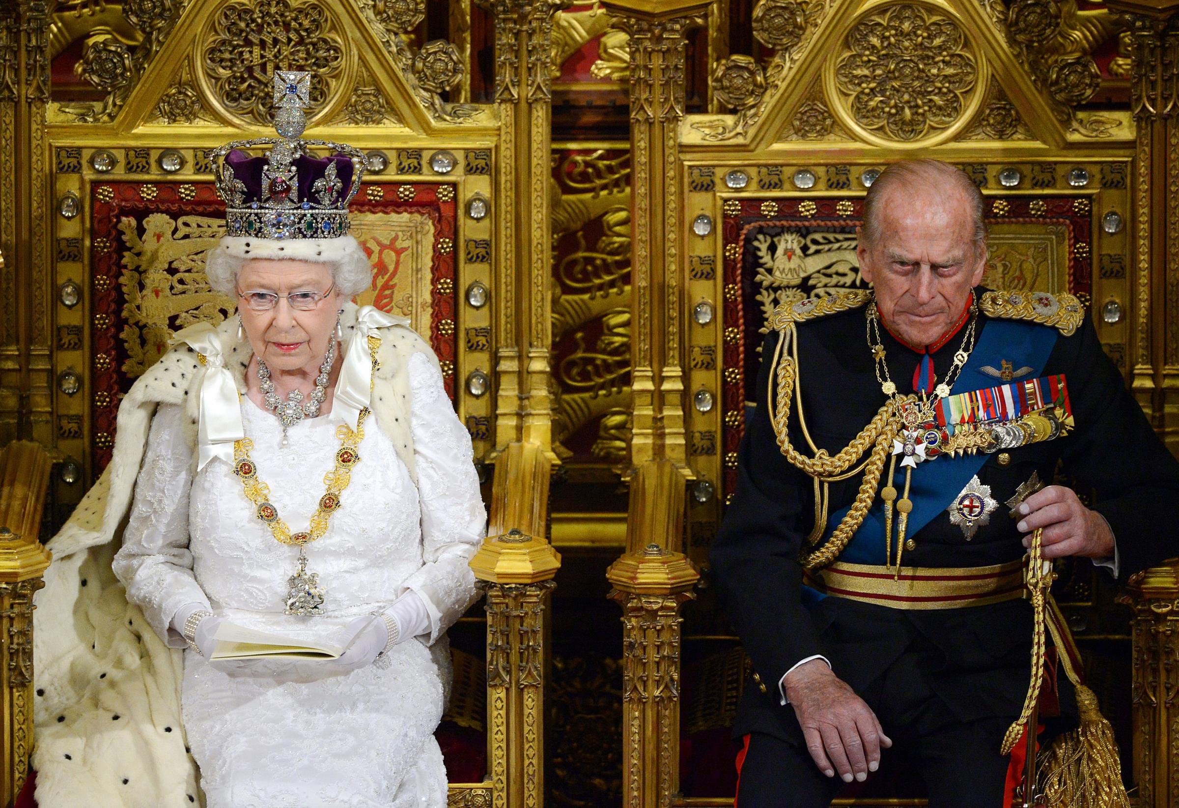 Queen Elizabeth II siting alongside the Duke of Edinburgh as she delivers her speech in the House of Lords during the State Opening of Parliament at the Palace of Westminster in London. Prince Philips final public engagement in August 2017 (Carl