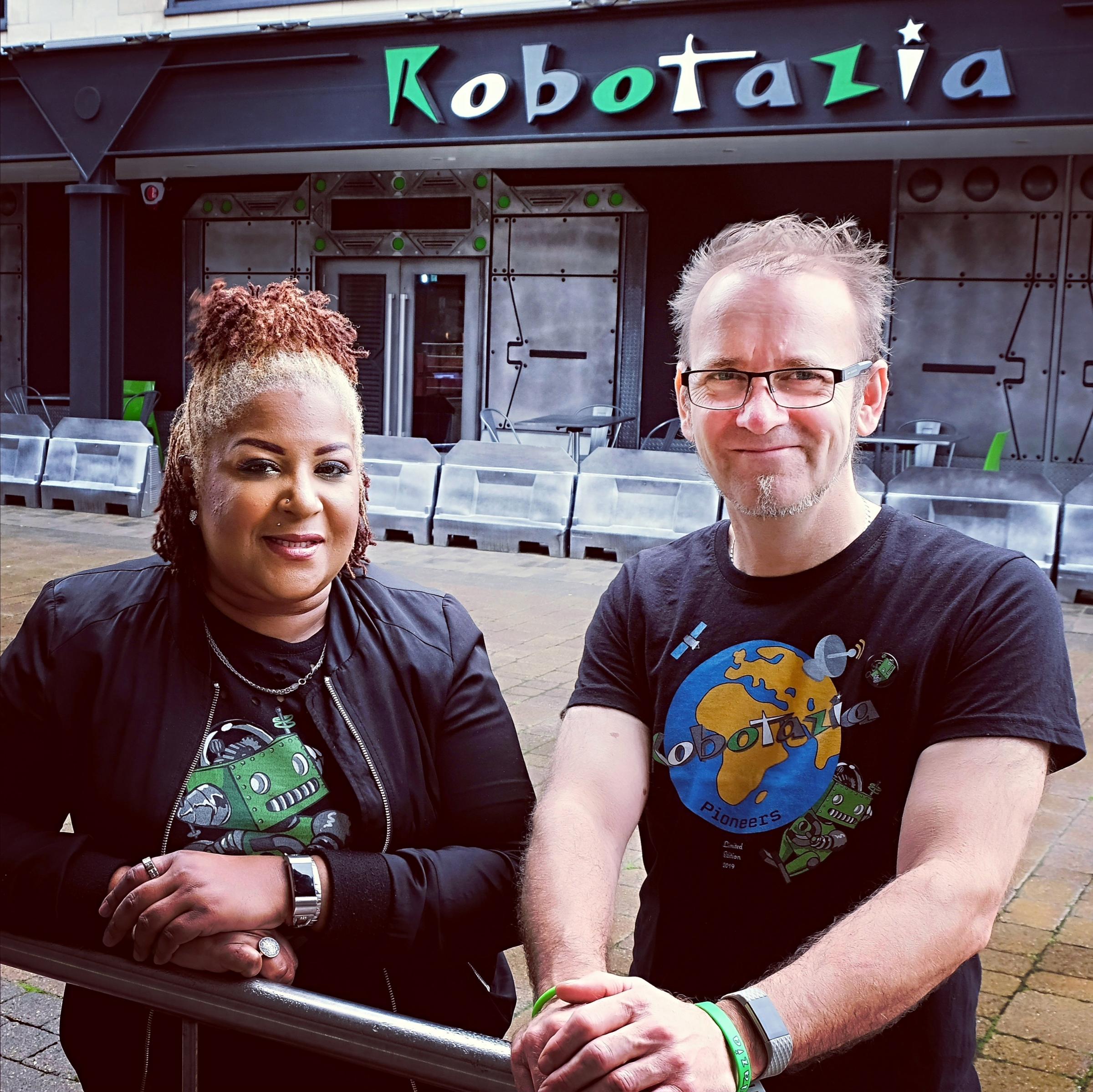 L-R Joy Gittens and Mark Swannell owners of Robotzaia and winners of Little Ankle Biters Award Bucks - Best Family Friendly Place To Eat