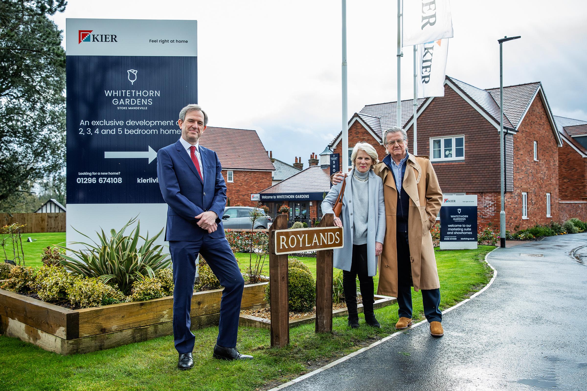Roylands naming at Whitethorn Garden in Stoke Mandeville.Jonathan Miller (regional Director for Kier Living) and Mr. & Mrs. Bartman by the road that was named after Mr. Bartmans father
