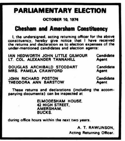 The first election notice for the Chesham and Amersham constituency in 1974