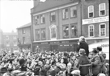The incumbent Prime Minister Clement Atlee addresses the crowd in support of the Labour candidate John Haire, Frogmoor, High Wycombe, October 1951