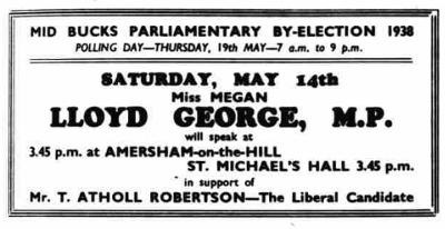 Notice about Megan Lloyd George (daughter of David Lloyd George) speaking in Amersham in 1938