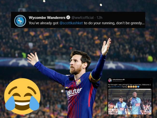 Lionel Messi is leaving Barcelona and Wycombe fans are enjoying the mock up transfer rumours (inset) (PA)
