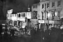13356   Looking SE, a view of night-time filming in progress in the High St. Probably part of the production of 'Tamahine'. High St, Marlow. c 1962