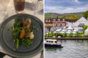 Lamb dish on the left with the view of The Compleat Angler