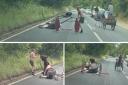 Sceengrabs from the horrific shows how the injured horse lying on a road in Gerrards Cross