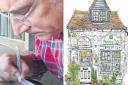 Local artist Gavin Darvell and his drawing of Good Earth Gallery on Lacey's Yard, Chesham