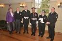 (L-R): Ann Cable, Chief Commissioner of St John Ambulance; Paul Herbage, St John Priory Hospitaller; Peter Hollely; Sir Kenneth Olisa; Dr Rosemary Waddy; Pat Halpin. Credit – Brian Russell.