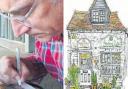 Local artist Gavin Darvell and his drawing of Good Earth Gallery on Lacey's Yard, Chesham
