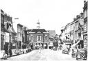 Looking West, a street scene featuring Guildhall and motor vehicles in High Street, High Wycombe c.1930