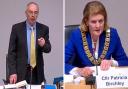 Bucks Council leader Martin Tett (L) was accused of making a 'personal attack' during the meeting before the chair Patricia Birchley (R) intervened to restore order