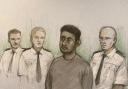Court artist drawing by Elizabeth Cook of Habibur Masum appearing in the dock at Bradford Magistrates' Court, West Yorkshire, charged with the murder of Kulsuma Akter, who was stabbed to death as she pushed her baby in a pram in a city centre on