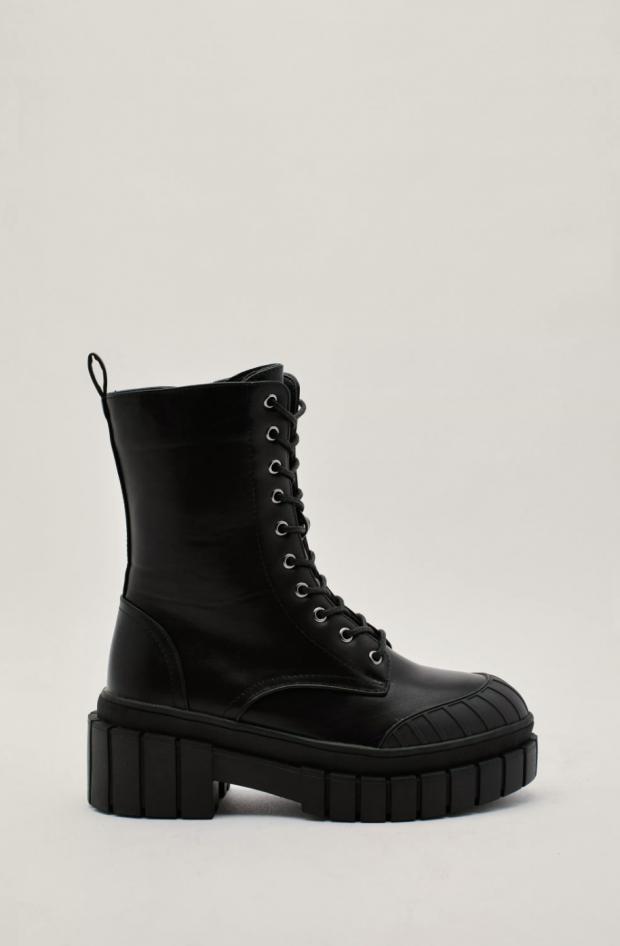 Bucks Free Press: Faux Leather Lace Up Hiker Boots. Credit: Nasty Gal