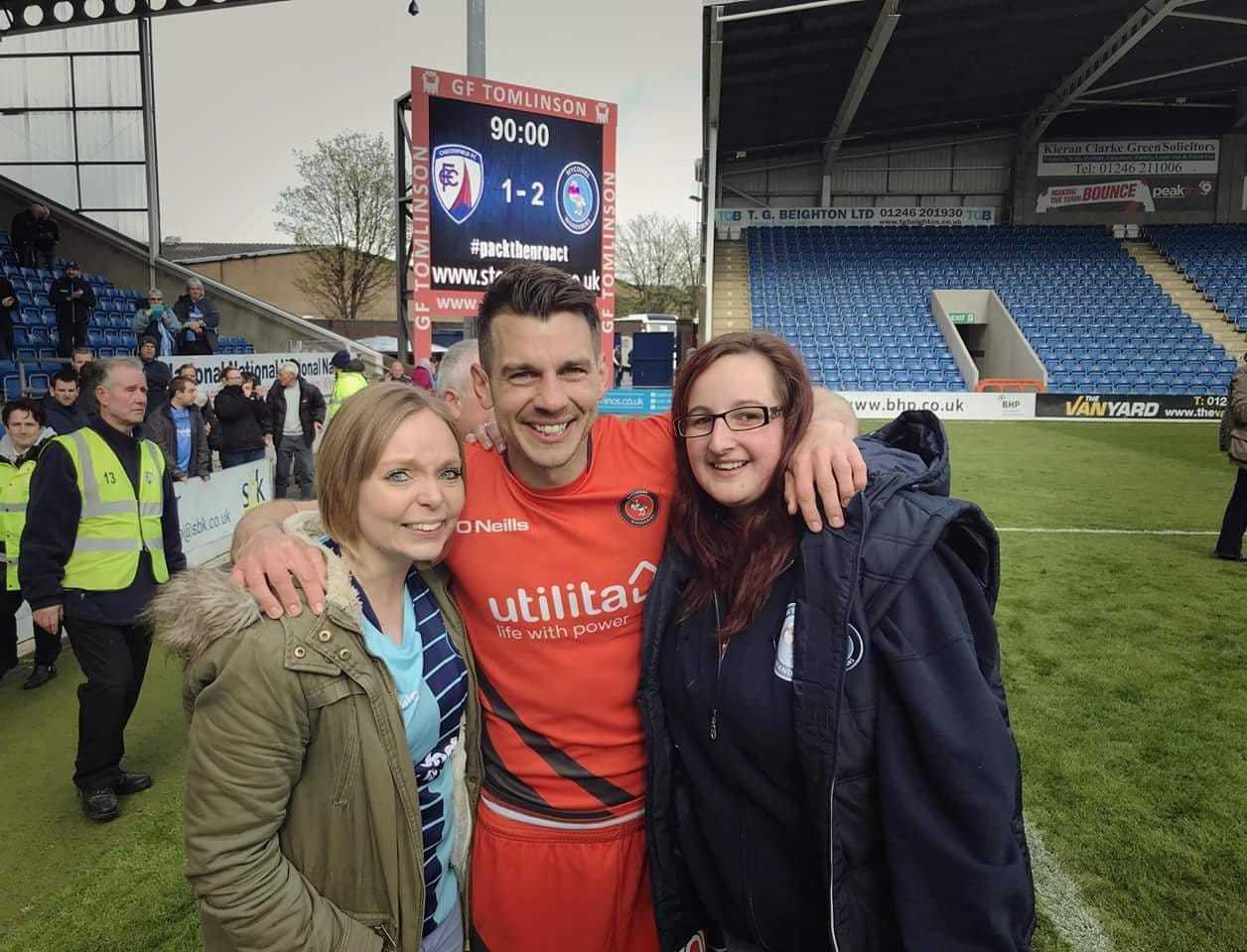 (Rachel Tillman: Promotion at Chesterfield....the steward lady was trying to usher Sarah and I off the pitch when we found Bloomfield and she left us alone once he started celebrating with us)