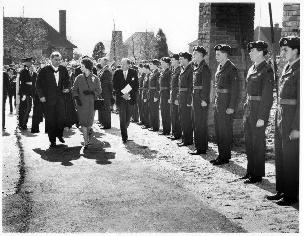 Queen Elizabeth II with the Headmaster enters the Royal Grammar School Complex, Amersham Rd, High Wycombe. April 1962