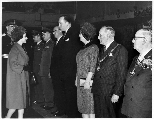 Queen Elizabeth II meets John Hall MP and other dignitaries on her visit to the Town Hall, Queen Victoria Road, High Wycombe. April 1962