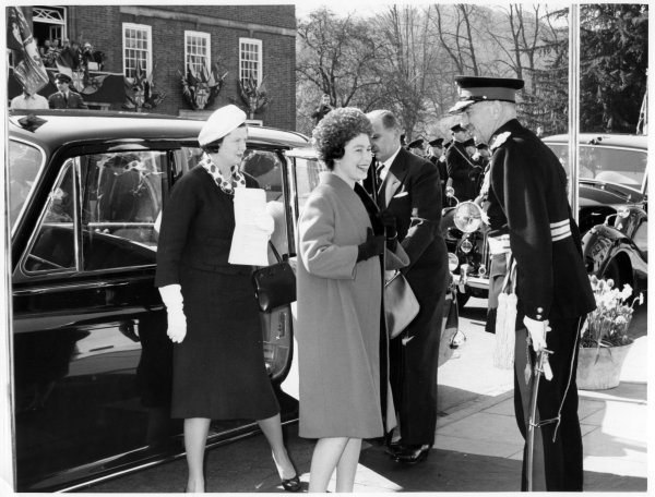 Queen Elizabeth II is greeted by the Lord Lieutenant of Bucks on her visit to the Town Hall, Queen Victoria Road, High Wycombe.