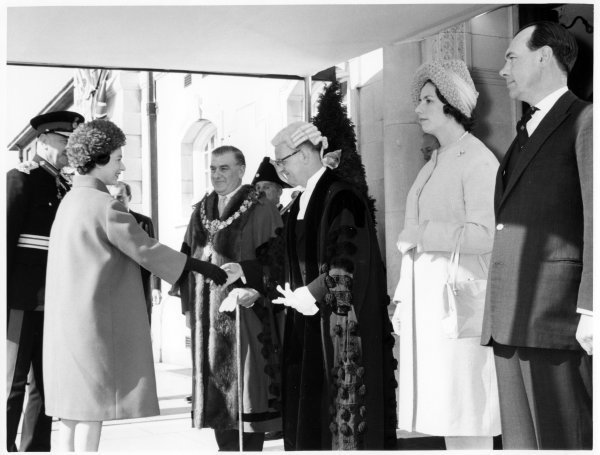 Queen Elizabeth II being presented to local Dignitaries Outside the Town Hall, Queen Victoria Road, High Wycombe. April 1962