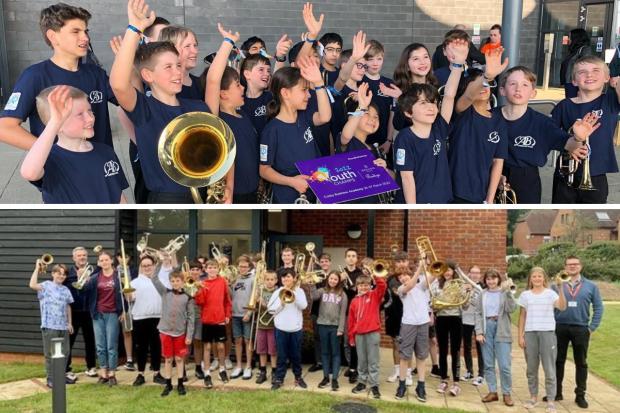 The Brass Roots beginner group at the recent National Youth Championships in Corby (top), the Youth Band outside the band room (Credit: Fred Harrison)