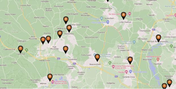 Bucks Free Press: The map shows locations where lungworm cases have been reported. The numbers indicate the number of cases [My Pet and I]