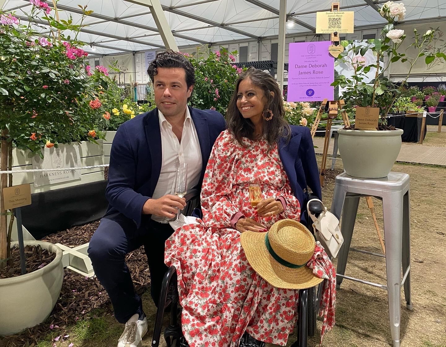 Dame Deborah James, with her husband Sebastien Bowen, during a private tour at the Chelsea Flower Show on Tuesday evening. Dame Deborah visited the show with her husband to see a rose which bears her name ( Harkness Rose Company/PA)