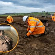(Background) Archaeologists excavating the site (HS2/PA) (Circle) Roman wooden carved figure which has been discovered in a waterlogged ditch during work on the HS2 project (HS2/PA)