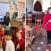 West Wycombe pupils visiting Dr Asim (left), and helping at St Paul’s Church (right).
