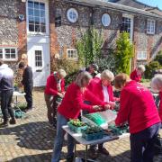 Bloom volunteers and pupils from Stoney Dean School potting up plants 2022