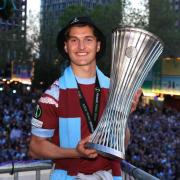 Freddie Potts (pictured celebrating West Ham's Europa Conference League win in June) has joined Wycombe on loan