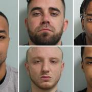 Rhys Johnson (far left), Michael McDonnell (top centre), Jaion Jacobs (top right),  Jordan Barnes (bottom centre) and Miguel Fiorenzi (bottom right), were all sentenced last week for their crimes