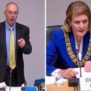 Bucks Council leader Martin Tett (L) was accused of making a 'personal attack' during the meeting before the chair Patricia Birchley (R) intervened to restore order