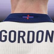the St George's Cross detail on the back of the shirt of England's Anthony Gordon during the