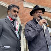 Khalil Ahmed (L) launches his general election campaign with George Galloway (R) outside Wycombe's Guildhall
