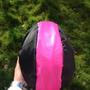 The new, pink bone-dri helmet cover.