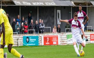 Dave Pearce scores with an absolute peach of a free-kick as Chesham United beat Yate Town 4-2 at The Meadow in Southern Premier South on Saturday. PHOTOS: Trevor Hyde.